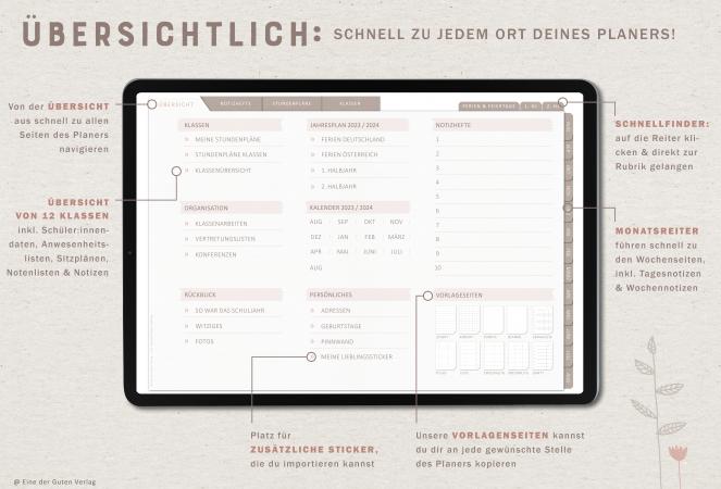 Digitaler Terminkalender 2023 2024 für Lehrerinnen & Lehrer für die Unterrichtsplanung, interaktives pdf